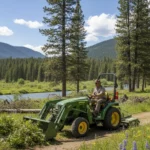 Parkarbetare utför underhåll med en kompakttraktor i en nationalpark.
