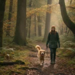 En person går en promenad med en hund i skogen.