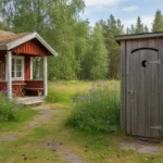 Ett fristående utedass i en naturlig miljö utanför en sommarstuga.