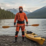 man klädd i Vattentät torrdräkt designad för paddling.
